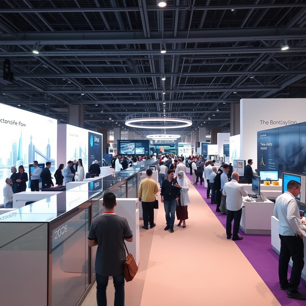 Busy technology exhibition hall with attendees browsing vendor booths and large display screens
