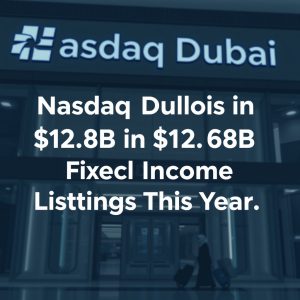Nasdaq Dubai building exterior at night with overlay text about $12.68B fixed income listings