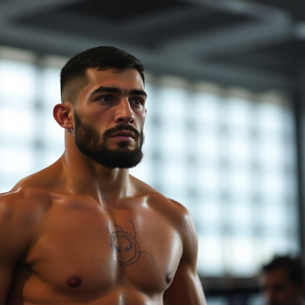 Shirtless muscular male fighter with chest tattoo standing focused inside a sports arena