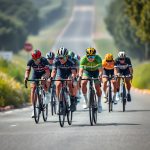 Group of road cyclists in colourful jerseys racing along a straight open highway on a sunny day