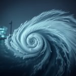 Close-up digital illustration of a large spiralling cyclone or storm system over a dark urban backdrop