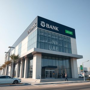 UAE bank branch exterior with Arabic and English signage, glass facade, and palm trees under clear sky