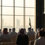 Emirati officials and attendees seated at an indoor conference facing floor-to-ceiling windows overlooking a Gulf city skylin