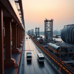 Elevated view of an industrial port road at dusk with buses, tank wagons, cranes and storage tanks along a waterfront