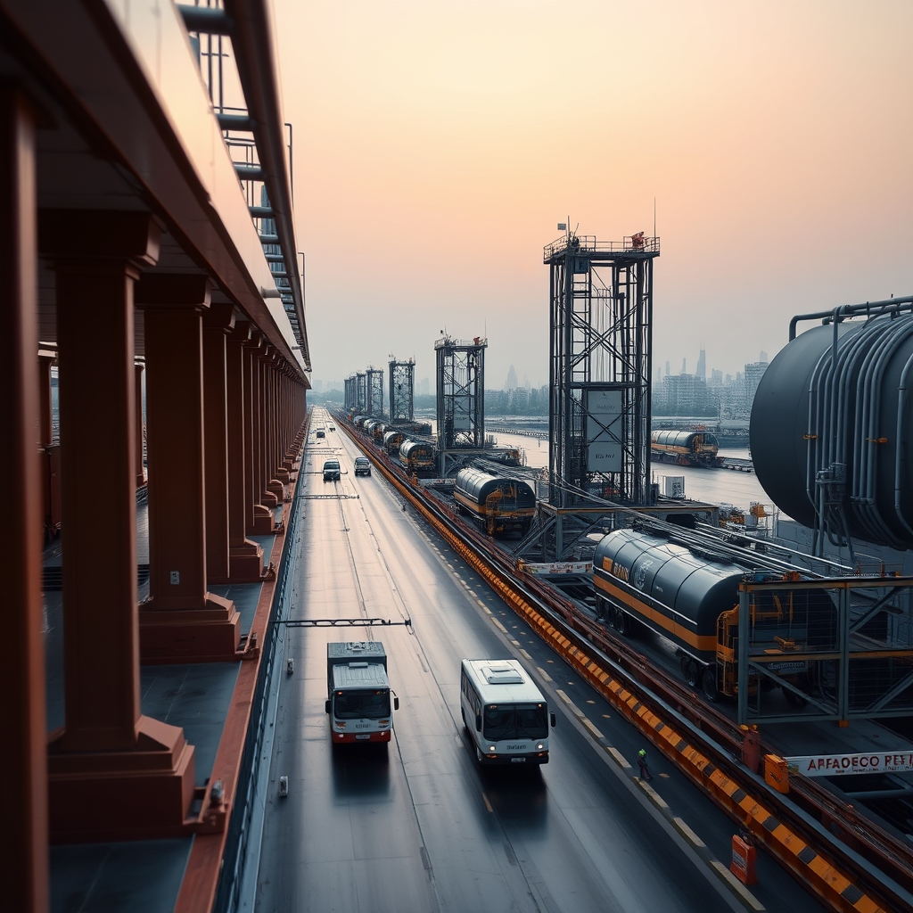 Elevated view of an industrial port road at dusk with buses, tank wagons, cranes and storage tanks along a waterfront