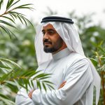 Gulf Arab man in white kandura and ghutrah standing with arms crossed among green foliage