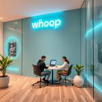 Two people working on a laptop at a round table inside a modern office with a glowing Whoop branded wall